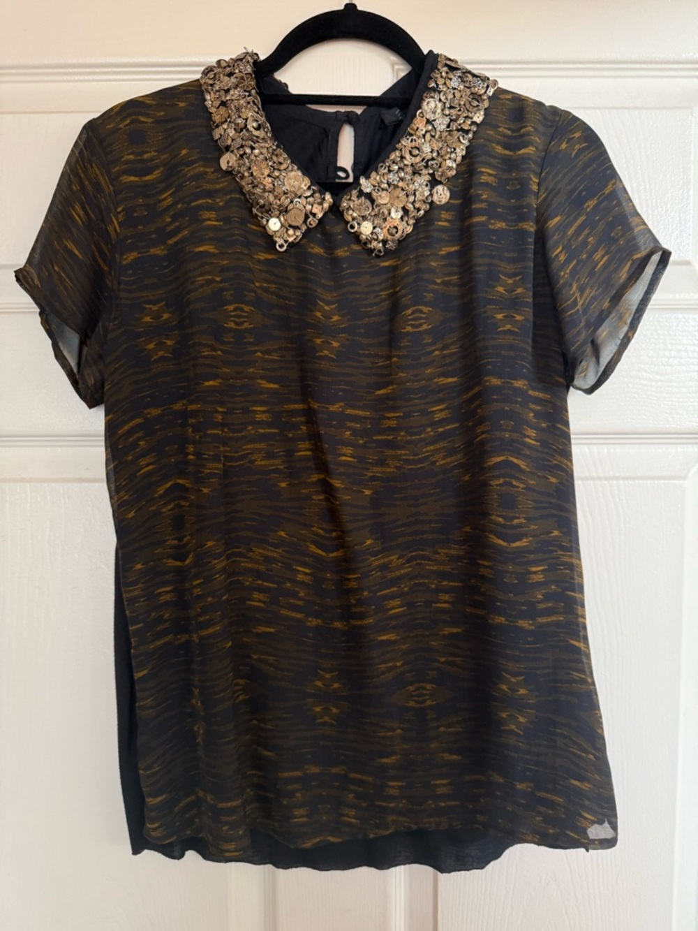 Embellished Collar Black & Gold Short Sleeve Women's Top